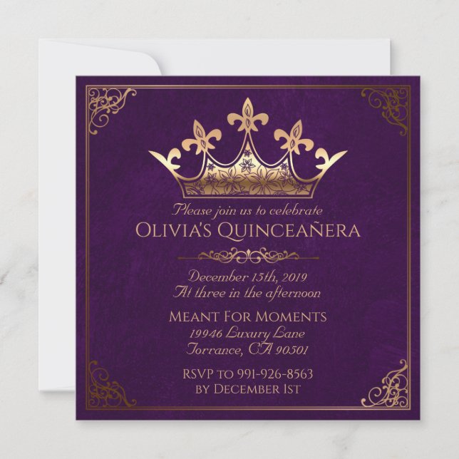 Invitación Púrpura y oro Quinceanera real (Anverso)