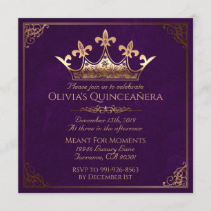 Invitación Púrpura y oro Quinceanera real