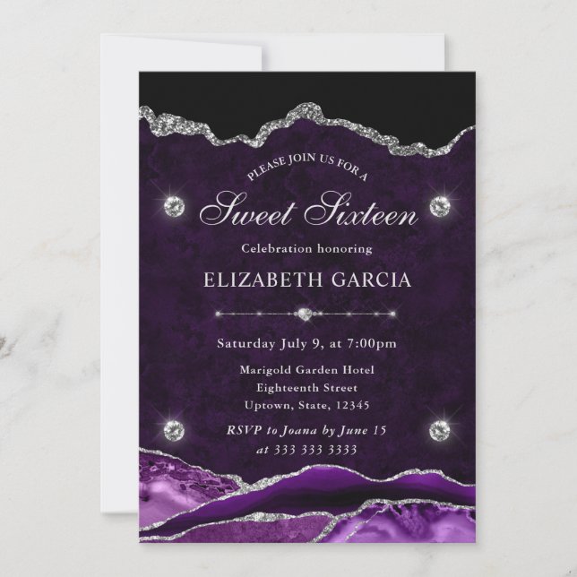 Invitación Púrpura y Plata Agata Brillo Dulces Dieciséis (Anverso)