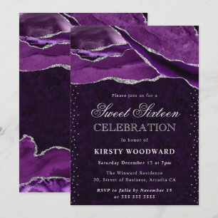 Invitación Púrpura y Plata Agata Brillo Sweet 16