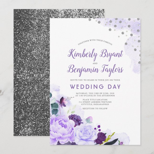 Invitación Púrpura y plata | Boda de acuarela floral (Anverso / Reverso)