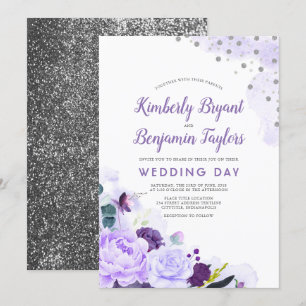 Invitación Púrpura y plata   Boda de acuarela floral