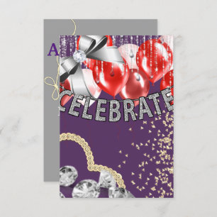 Invitación Púrpura y plata con globos rojos chica Fiesta