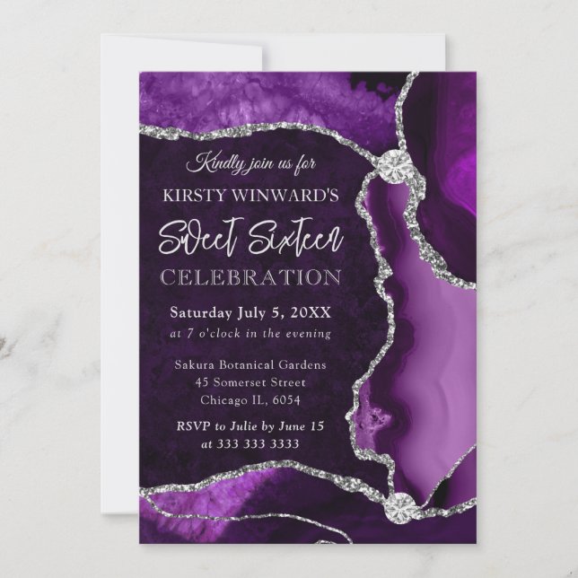 Invitación Púrpura y Plata Falso Brillo Ágata Dulce 16 (Anverso)