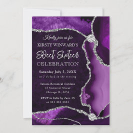 Invitación Púrpura y Plata Falso Brillo Ágata Dulce 16