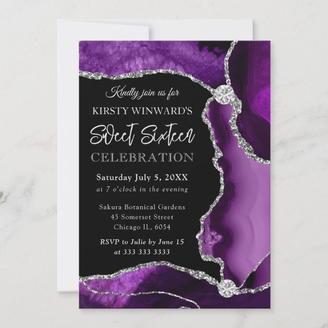 Invitación Púrpura y Plata Falso Brillo Ágata Dulce 16 (Anverso)