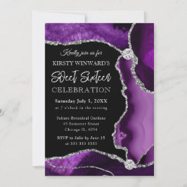 Invitación Púrpura y Plata Falso Brillo Ágata Dulce 16