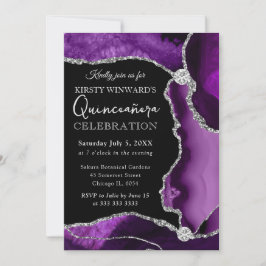 Invitación Púrpura y Plata Falso Brillo Ágata Quinceañera