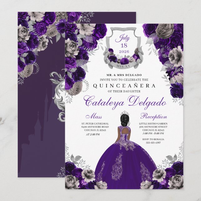 Invitación Púrpura y Plata Floral Elegante Quinceañera (Anverso / Reverso)