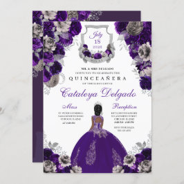 Invitación Púrpura y Plata Floral Elegante Quinceañera