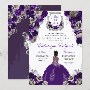 Invitación Púrpura y Plata Floral Elegante Quinceañera
