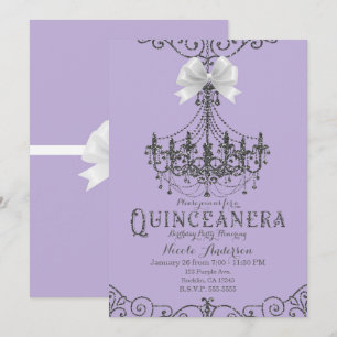 Invitación Púrpura y Plata Lazo Blanco Quinceañera 15 15º