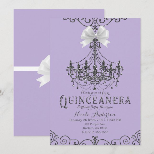 Invitación Púrpura y Plata Lazo Blanco Quinceañera 15 Décimo  (Anverso / Reverso)