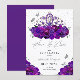 Invitación Púrpura y plata Tiara Salven la fecha Quinceañera