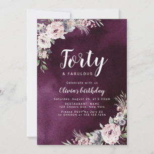 Invitación Púrpura y polvoriento boho rosa floral 40 cumpleañ
