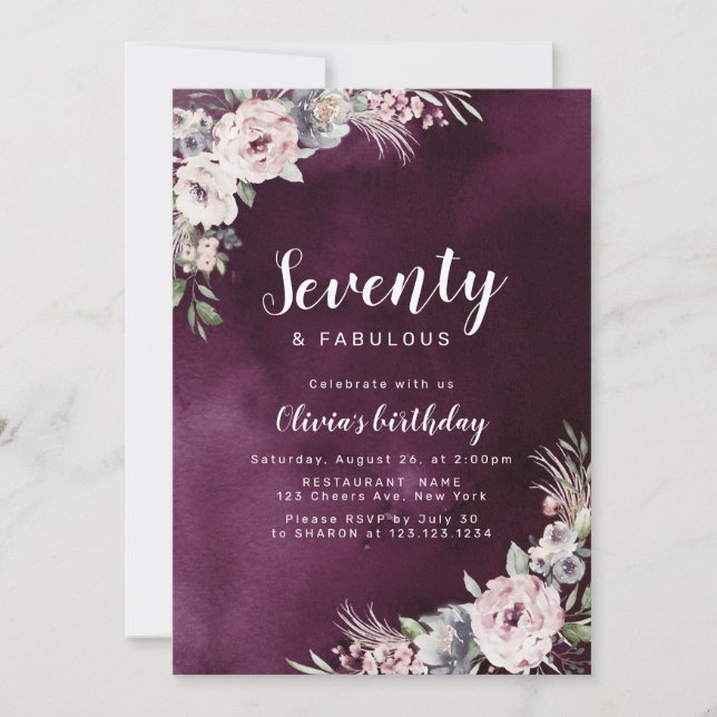 Invitación Púrpura y polvoriento boho rosa floral 70 cumpleañ (Anverso)