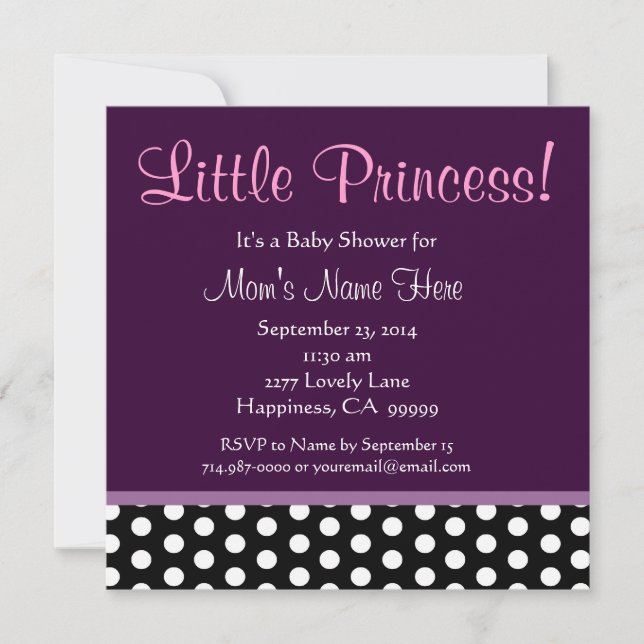 Invitación Púrpura y princesa Baby Shower de los lunares (Anverso)