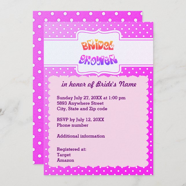 Invitación Púrpura y puntos blancos Corazón Ducha de novia (Anverso / Reverso)