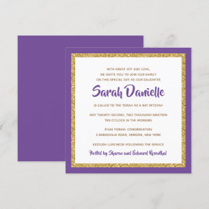 Invitación Púrpura y Purpurina dorado Plaza Bat Mitzvah