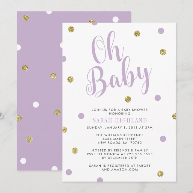 Invitación Púrpura y purpurina oh Baby Shower del oro (Anverso / Reverso)