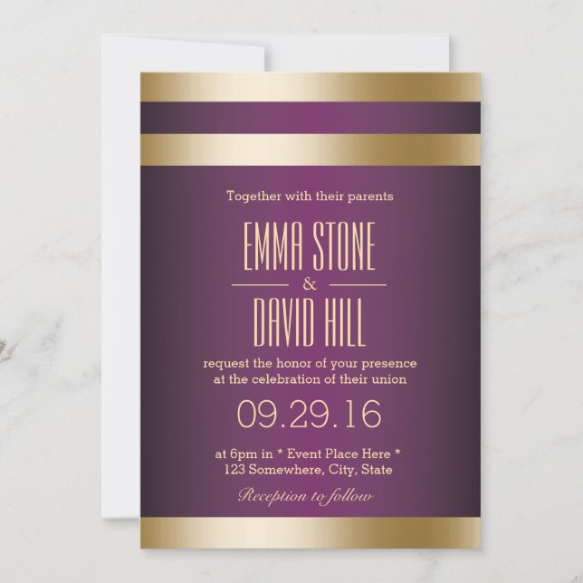 Invitación Púrpura y Relieve metalizado dorado Tiras Boda mod (Anverso)