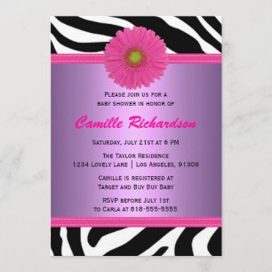 Invitación Púrpura y rosa, cebra, Baby Shower Chica