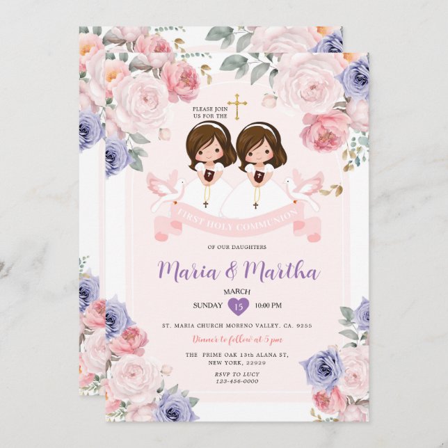 Invitación Púrpura y Rosa Chica TWIN 1ª Santa Comunión Floral (Anverso / Reverso)
