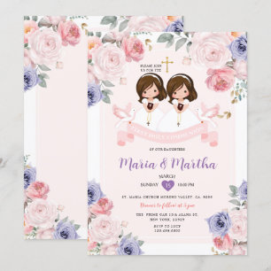 Invitación Púrpura y Rosa Chica TWIN 1ª Santa Comunión Floral