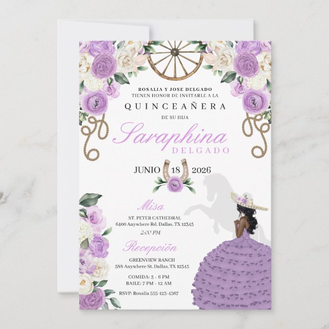 Invitación Púrpura y Rosa de marfil Noche Quinceañera (Anverso)