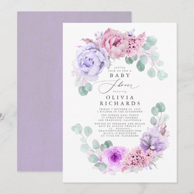 Invitación Púrpura y rosa suave Pastel Floral Baby Shower (Anverso / Reverso)