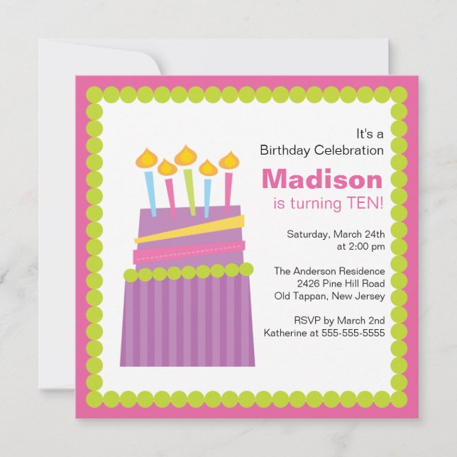 Invitación púrpura y rosada de moda del cumpleaños (Anverso)