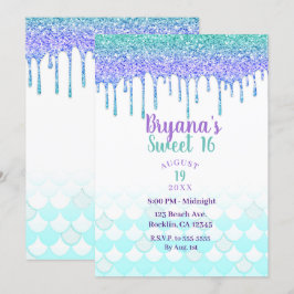 Invitación Púrpura y turquesa brillo goteo sirena dulces 16