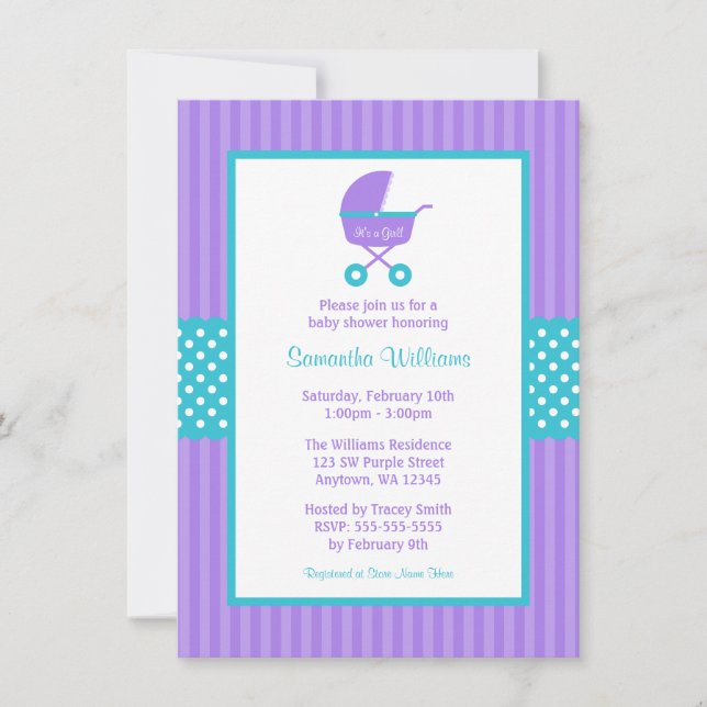 Invitación Púrpura y Verde azulada puntos a rayas Baby Shower (Anverso)