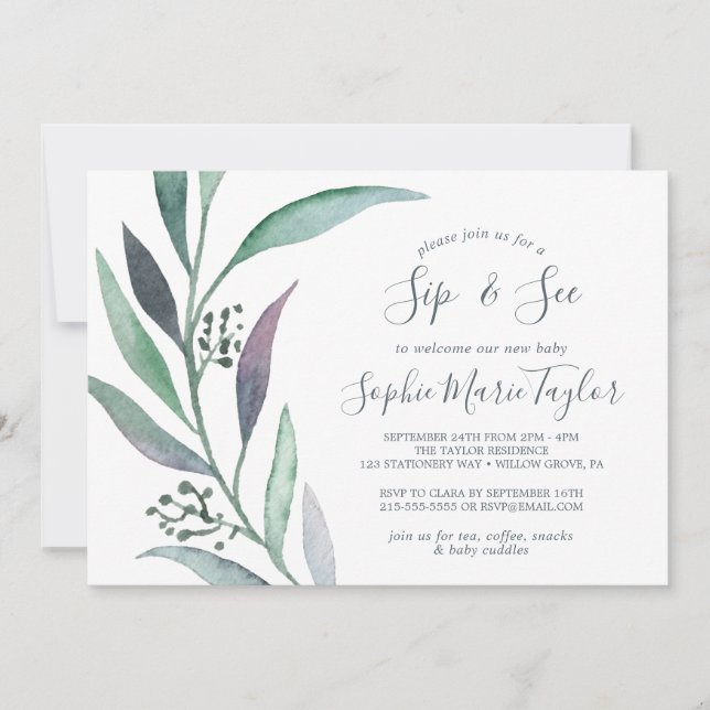 Invitación Púrpura y verde Eucalyptus Sip y Ver (Anverso)