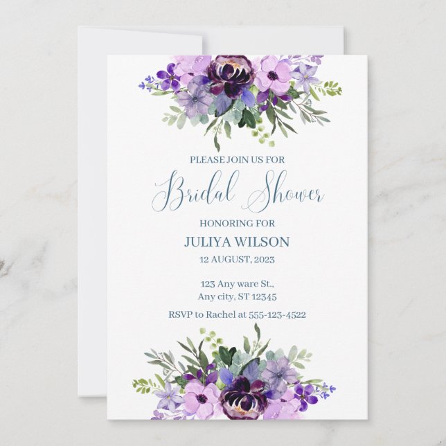 Invitación Púrpura y verde floral elegante ducha de novia (Anverso)