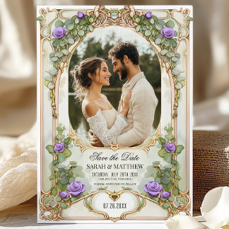 Invitación Púrpura y verde oro Salven la fecha con foto