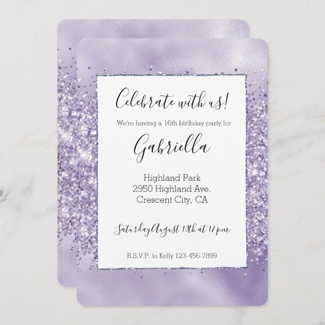 Invitación Purpurado Glitzy Brillante (Anverso / Reverso)