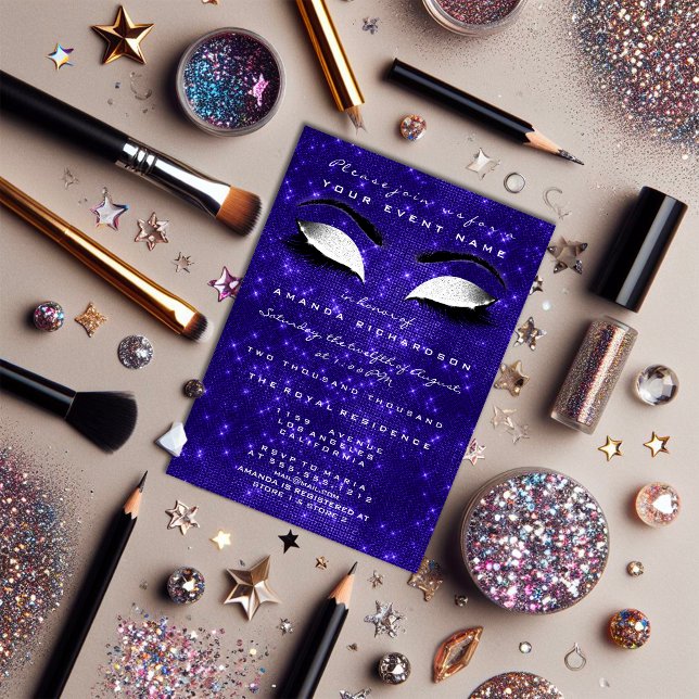 Invitación Purpurina 16.ª Novia de la Marina azul maquillaje  (Navy Blue Makeup White Sparkly Glitter 16th Bridal Invitation)