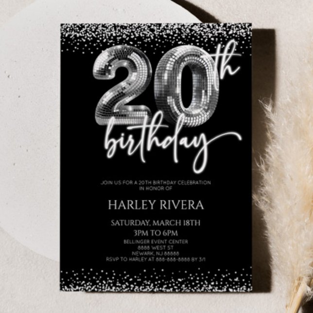 Invitación Purpurina 20 cumpleaños de Silver Disco Ball (Subido por el creador)