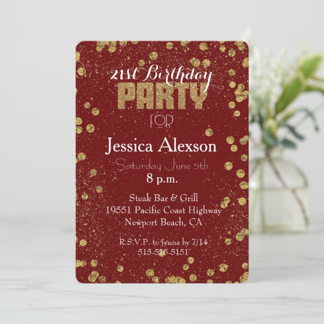 Invitación Purpurina 21 de Confetti Rojo y Oro (Anverso de pie)