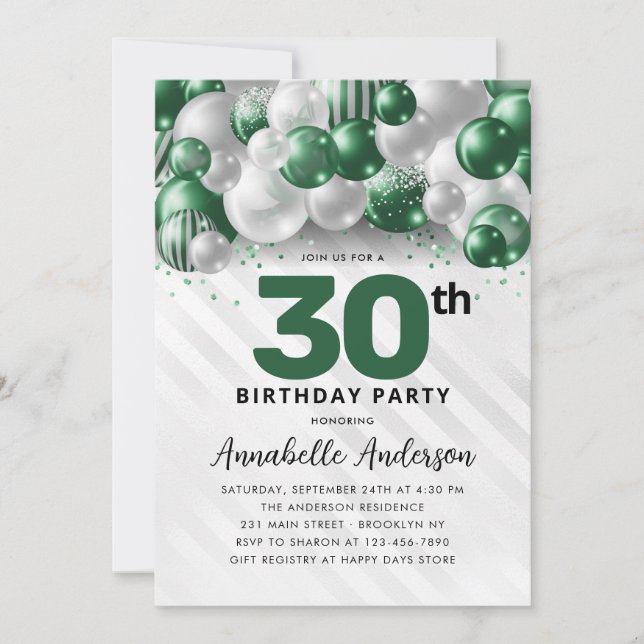 Invitación Purpurina 30 Aniversario del Globo de Plata Verde  (Anverso)