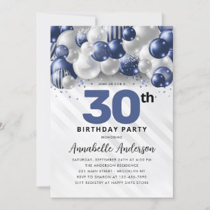 Invitación Purpurina 30 cumpleaños del globo Navy Blue Silver