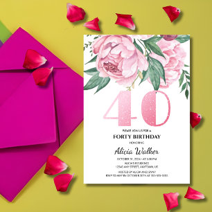 Invitación Purpurina 40.ª vegetación floral de peones rosados