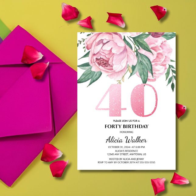 Invitación Purpurina 40.ª vegetación floral de peones rosados (Subido por el creador)