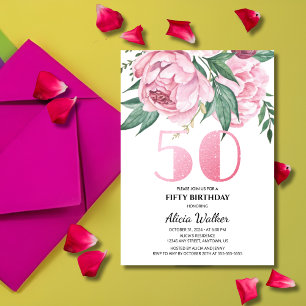 Invitación Purpurina 50.ª vegetación floral de peones rosados