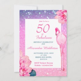 Invitación Purpurina 50 Fabuloso Flamingo Cumpleaños Floral R