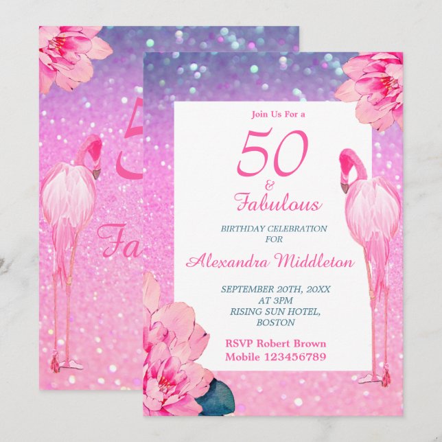 Invitación Purpurina 50 Fabuloso Flamingo Cumpleaños Floral R (Anverso / Reverso)