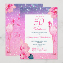 Invitación Purpurina 50 Fabuloso Flamingo Cumpleaños Floral R