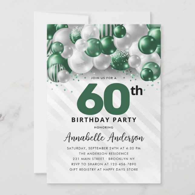 Invitación Purpurina 60º cumpleaños de un globo de plata verd (Anverso)