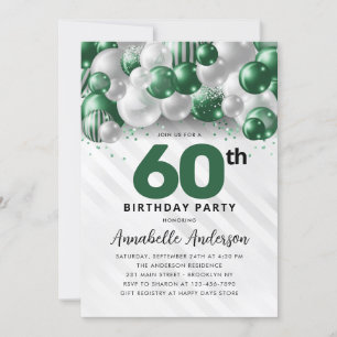 Invitación Purpurina 60º cumpleaños de un globo de plata verd